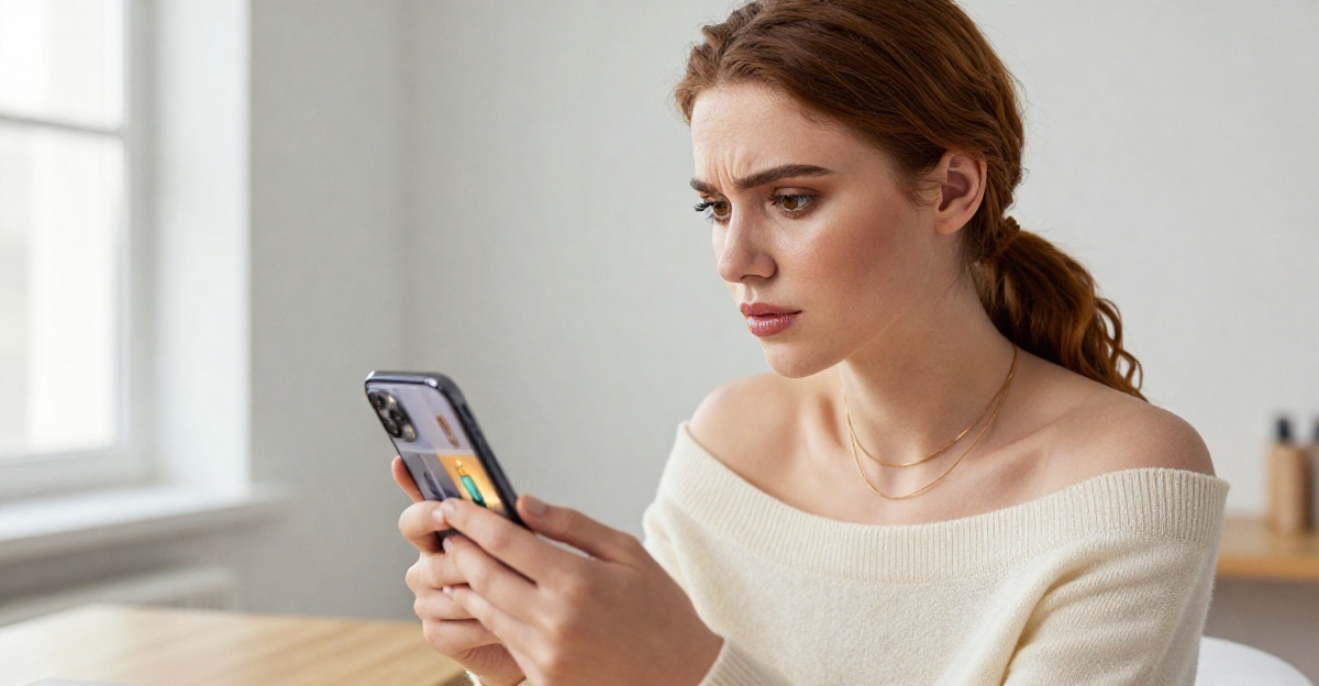 Продавец смотрит на смартфон с выдачей маркетплейса, где один товар выделен на фоне остальных