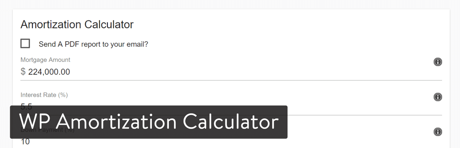 Плагин WP Amortification Calculator продается за 20 долларов, поэтому вам не нужно тратить много денег, чтобы предоставить своим клиентам инструмент, который им определенно необходим