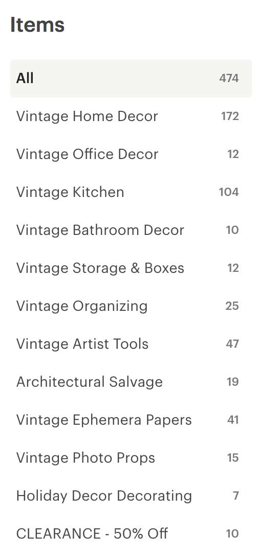Например, у меня есть эти категории в моем   SoGlamorouslyVintage   магазин: