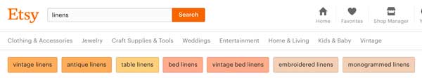 И так как поиск на сайтах теперь динамичен, когда я выполняю поиск «постельное белье» и ранее искал винтажное постельное белье, я получаю все виды интересных подстрок поиска, которые я могу выбрать