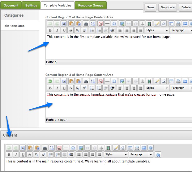 Тепер, якщо я відкрию домашній ресурс для редагування і знову перейду на вкладку  Змінні шаблони , тепер я бачу, що у мене є дві додаткові області багатого вмісту за бажанням, а також поле змісту за умовчанням