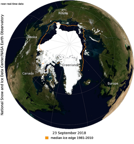 На этом снимке НАСА «Синий мрамор» показан арктический морской лед 23 сентября 2018 года, когда морской лед достиг минимальной степени за год