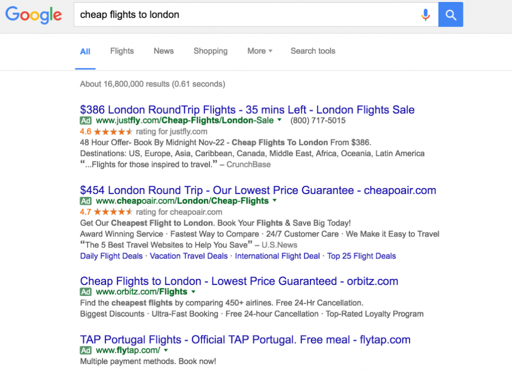 Начнем с поиска «дешевых рейсов в Лондон» на английском для США и на арабском для Марокко: