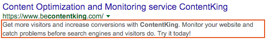 Для домашней страницы ContentKing Google показывает следующее мета-описание: